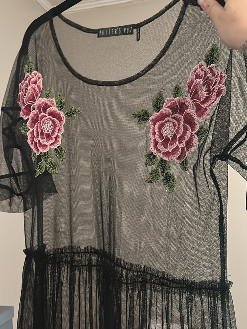 Black Sheer Mesh Top with Pink Rose Embroidery